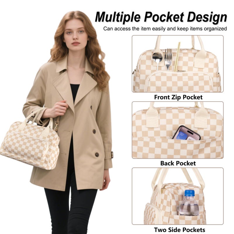 FITDON Insulated Lunch Bag for Women Men, Large Lunch Box Container Leakproof Corduroy Cooler Bag Lunch Tote Bag for Work Picnic, Light Checkerboard - Image 4