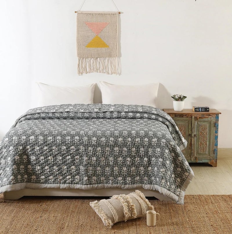 BLOCKS OF JAIPUR Blocks of Jaipur Original Pure Cotton Jaipuri Razai Hand Block Black Floral Print Reversible Comforter Lightweight AC Quilt Summer and Winter Bedding Throw Bed Blanket King Size 108X108 in  - Image 2