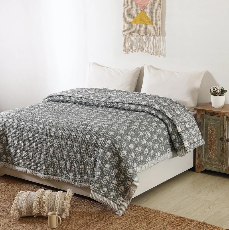 BLOCKS OF JAIPUR Blocks of Jaipur Original Pure Cotton Jaipuri Razai Hand Block Black Floral Print Reversible Comforter Lightweight AC Quilt Summer and Winter Bedding Throw Bed Blanket King Size 108X108 in  - Image 1