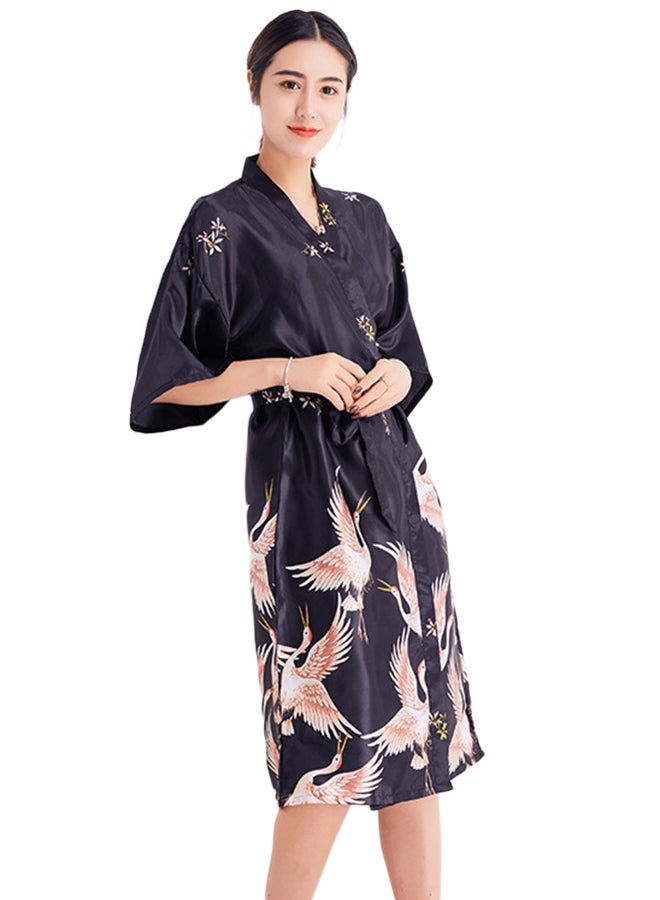 Joychic Self-Tie Waist Printed Night Robe Black - Image 1