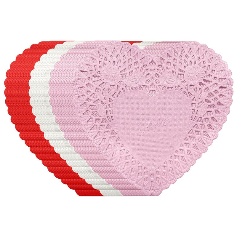 FUGUIR 180 Pcs 4 Inch Mini Valentine Heart Doilies Heart Shaped Paper Lace Doilies with 3 Colors Red Pink White Valentine Craft Gift Set for Wedding Birthday Party Decoration - Image 1