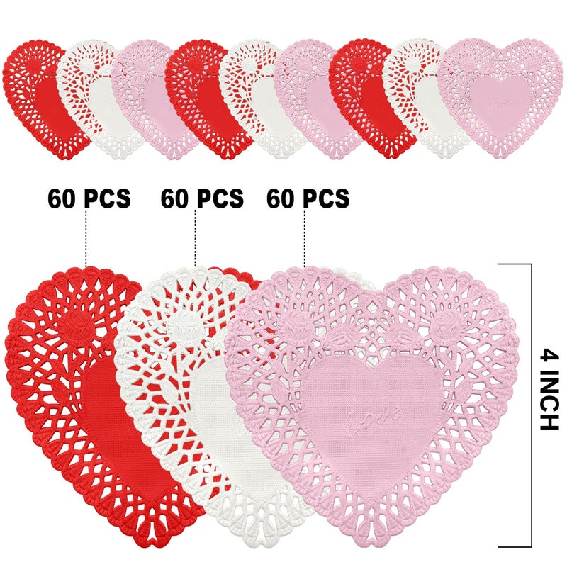 FUGUIR 180 Pcs 4 Inch Mini Valentine Heart Doilies Heart Shaped Paper Lace Doilies with 3 Colors Red Pink White Valentine Craft Gift Set for Wedding Birthday Party Decoration - Image 3
