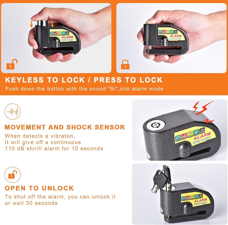 Mathtoxyz Motorcycle Alarm Disc Brake Lock, Motorcycle Locks Anti-Theft Security Wheel Disc Lock Waterproof 110dB Alarm Sound with 5ft Reminder Cable Keys and Carry Pouch for Motorbike Bike Scooter - Image 4