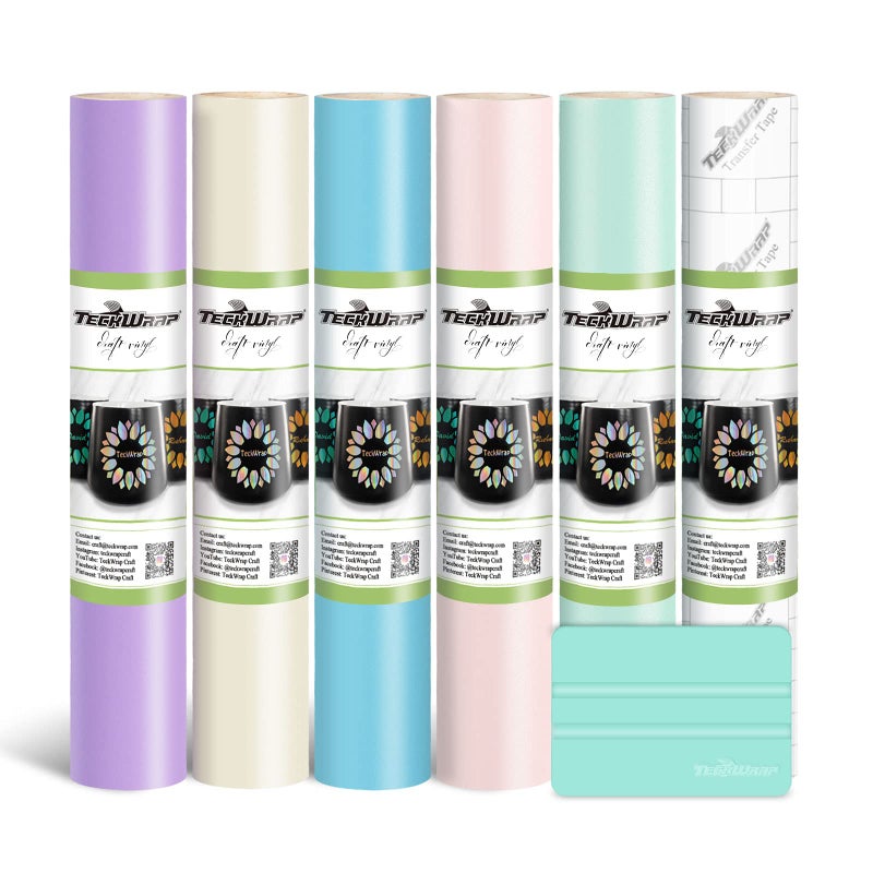 TECKWRAP Permanent Adhesive Vinyl Bundle for Crafting Cutter 12 x 36Rolls Matte Lavender PurpleIvory WhiteCyan BlueLight PinkMint Green
