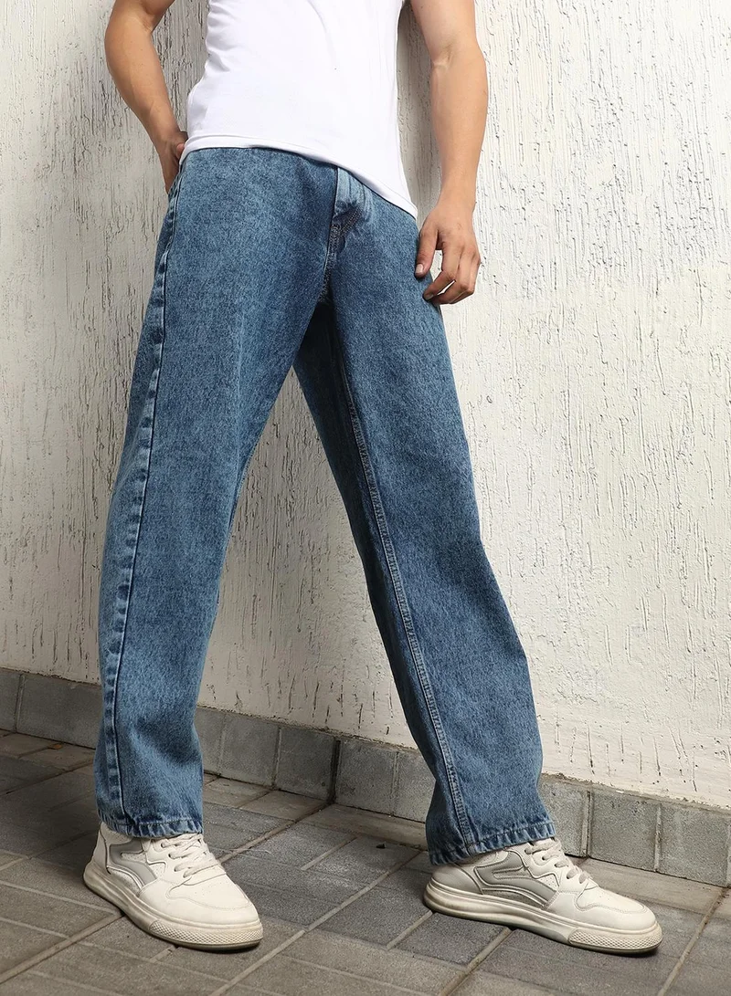 Hubberholme Men's Indigo 100% Cotton Bleached Full Length Loose Jeans