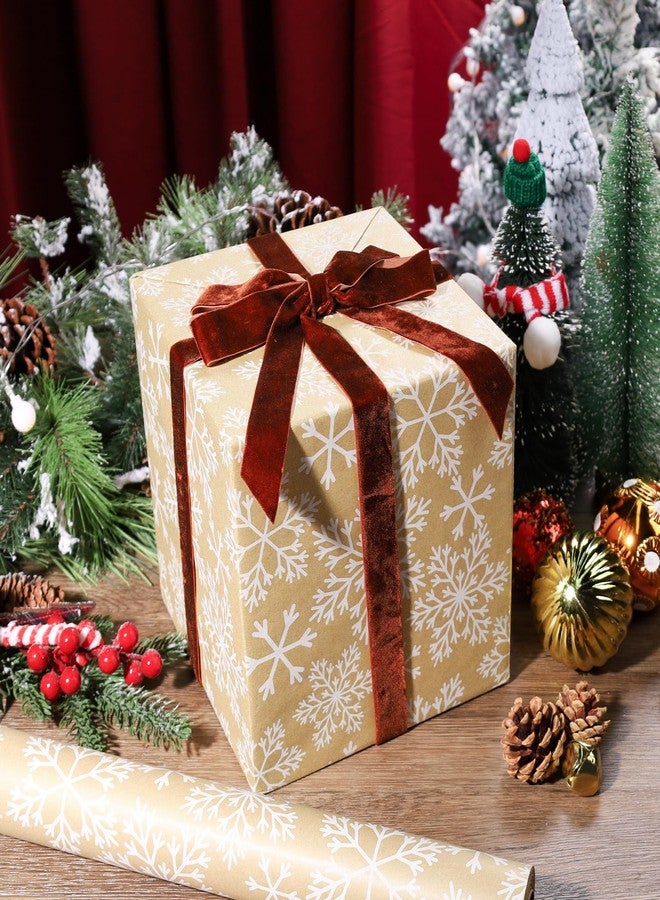 LaRibbons Kraft Vintage Christmas Wrapping Paper, Classic White Snowflake Design, Rustic Gift Wrap Paper with Gridline for Christmas, Holiday, 17 Inch X 33 Feet - Image 2