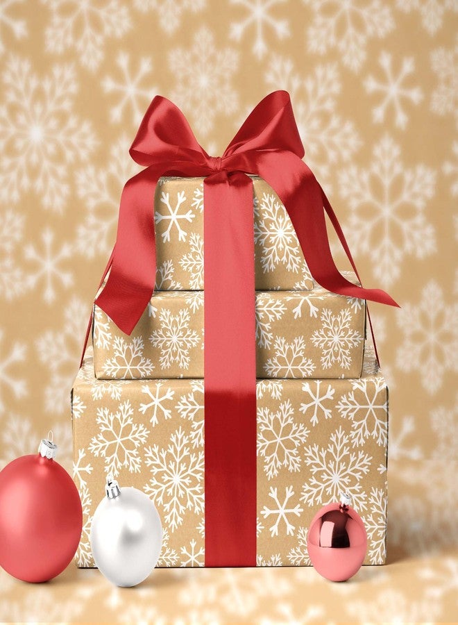 LaRibbons Kraft Vintage Christmas Wrapping Paper, Classic White Snowflake Design, Rustic Gift Wrap Paper with Gridline for Christmas, Holiday, 17 Inch X 33 Feet - Image 3