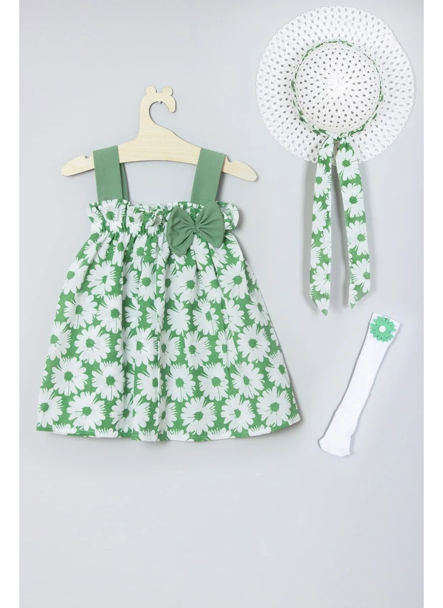 Ada Bebek Çocuk Ada Baby Kid Adabebek Hat Floral Patterned Dress Knee-Length Socks Set 008