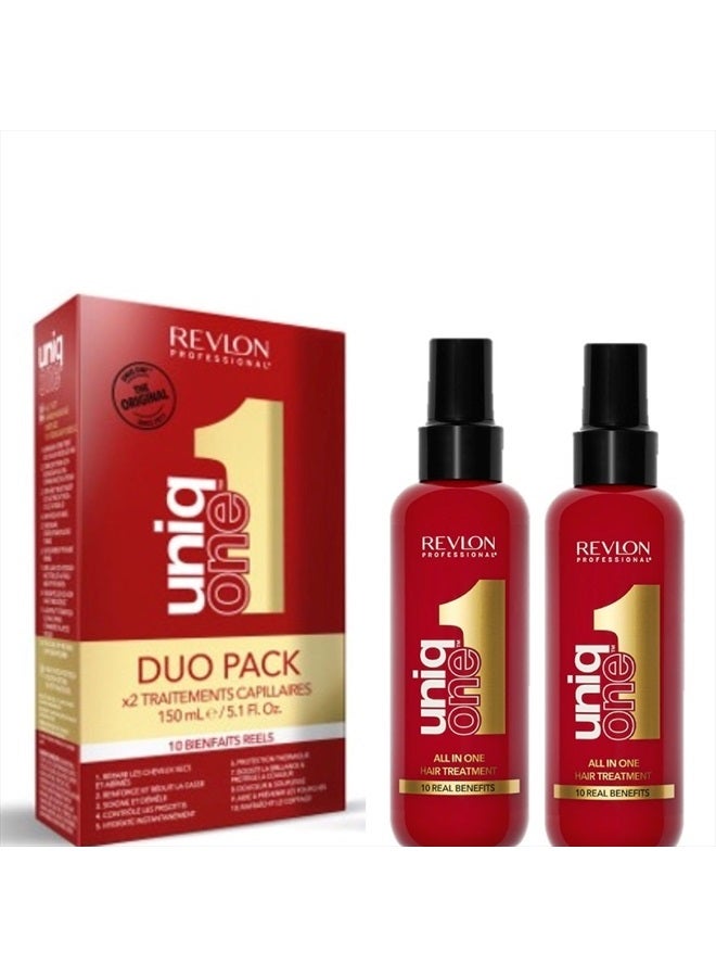 Revlon Professional UniqOne Hair Treatment Classic Duo Pack, Spray Treatment for More Volume, Smoothness & Better Combability, Hair Care without Rinsing, Helps Prevent Split Ends, 2 x 150 ml - Image 1