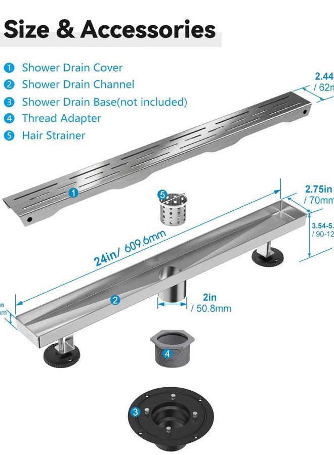 HTOH Shower Drain Stainless Steel for Bathroom: Brushed Nickel Linear Shower Drain 24 Inch with Removable Brick Pattern Grate - Adjustable Rectangular Shower Floor Drain with Hair Strainer - Image 5