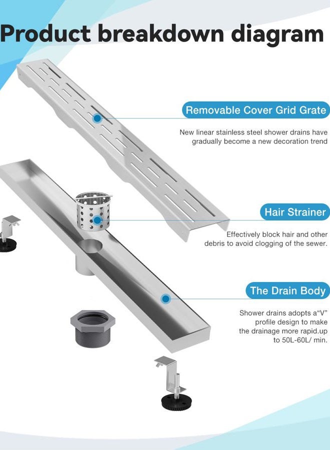 HTOH Shower Drain Stainless Steel for Bathroom: Brushed Nickel Linear Shower Drain 24 Inch with Removable Brick Pattern Grate - Adjustable Rectangular Shower Floor Drain with Hair Strainer - Image 3