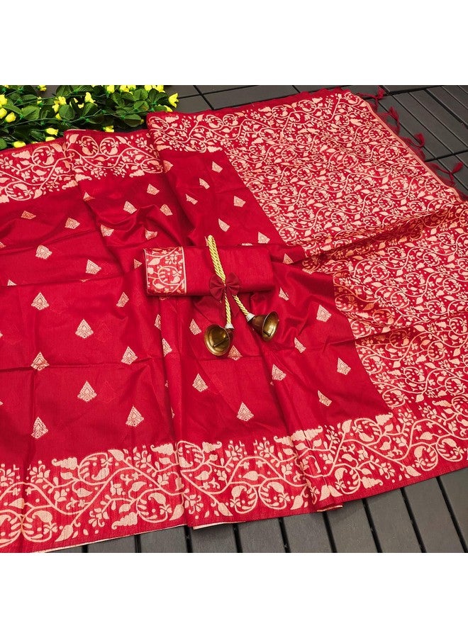NK Textiles Women's Kalamkari Geometric Design Woven Raw Silk Saree with Tassels (26 COLORS & DESIGNS) - Image 2