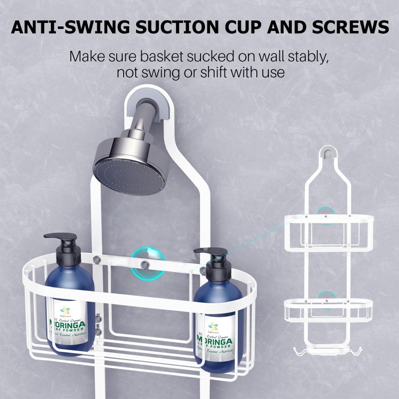 Kadolina Bathroom Hanging Shower Caddy  Over Head Shower Caddy Organizer Basket with Hooks for Towels  Razor and Sponge  White - Image 3