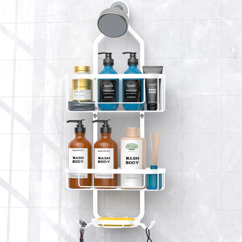 Kadolina Bathroom Hanging Shower Caddy  Over Head Shower Caddy Organizer Basket with Hooks for Towels  Razor and Sponge  White - Image 1