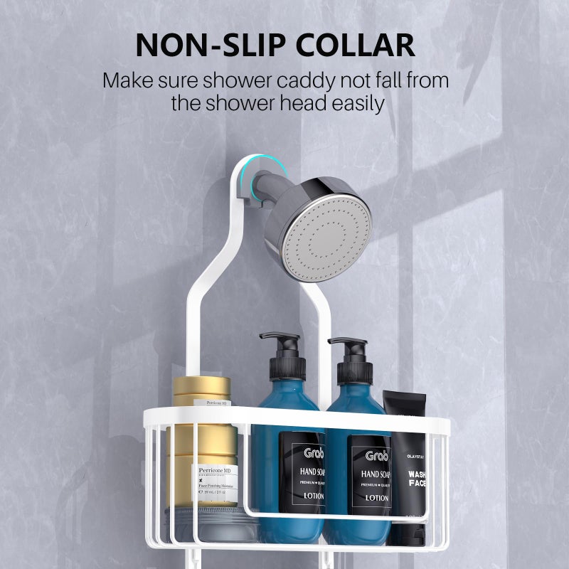 Kadolina Bathroom Hanging Shower Caddy  Over Head Shower Caddy Organizer Basket with Hooks for Towels  Razor and Sponge  White - Image 4