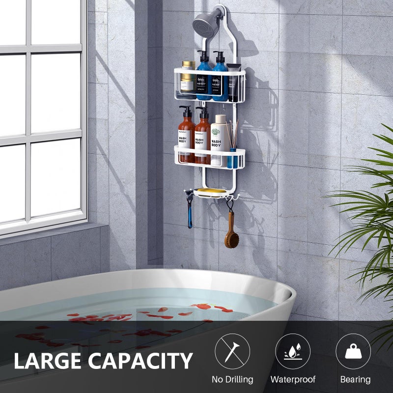 Kadolina Bathroom Hanging Shower Caddy  Over Head Shower Caddy Organizer Basket with Hooks for Towels  Razor and Sponge  White - Image 2