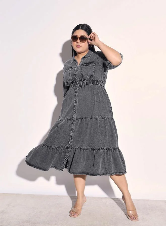 SASSAFRAS Plus Size Black Denim Tiered Midi Dress