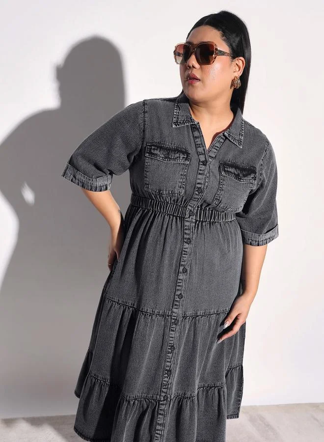 SASSAFRAS Plus Size Black Denim Tiered Midi Dress