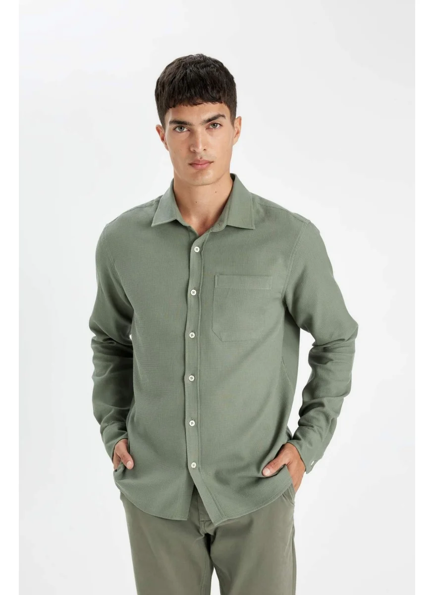 DeFacto Men's Khaki Regular Fit Regular Cut Polo Collar Plain Cotton Long Sleeve Shirt D1058AX24AU