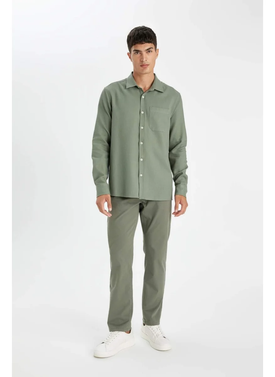 DeFacto Men's Khaki Regular Fit Regular Cut Polo Collar Plain Cotton Long Sleeve Shirt D1058AX24AU