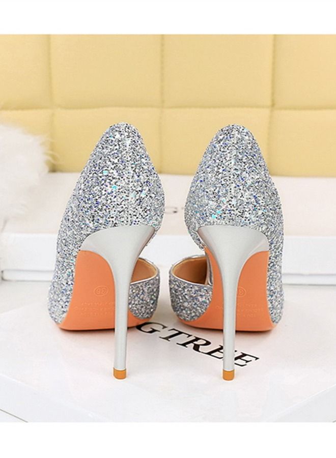 BIGTREE كعب عالٍ لامع مزين بمسامير فضية مقطوعة من الجانبين 10.5 سم - Image 4