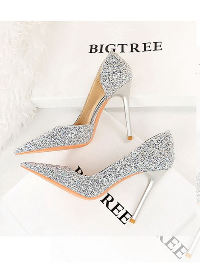 BIGTREE كعب عالٍ لامع مزين بمسامير فضية مقطوعة من الجانبين 10.5 سم - Image 3