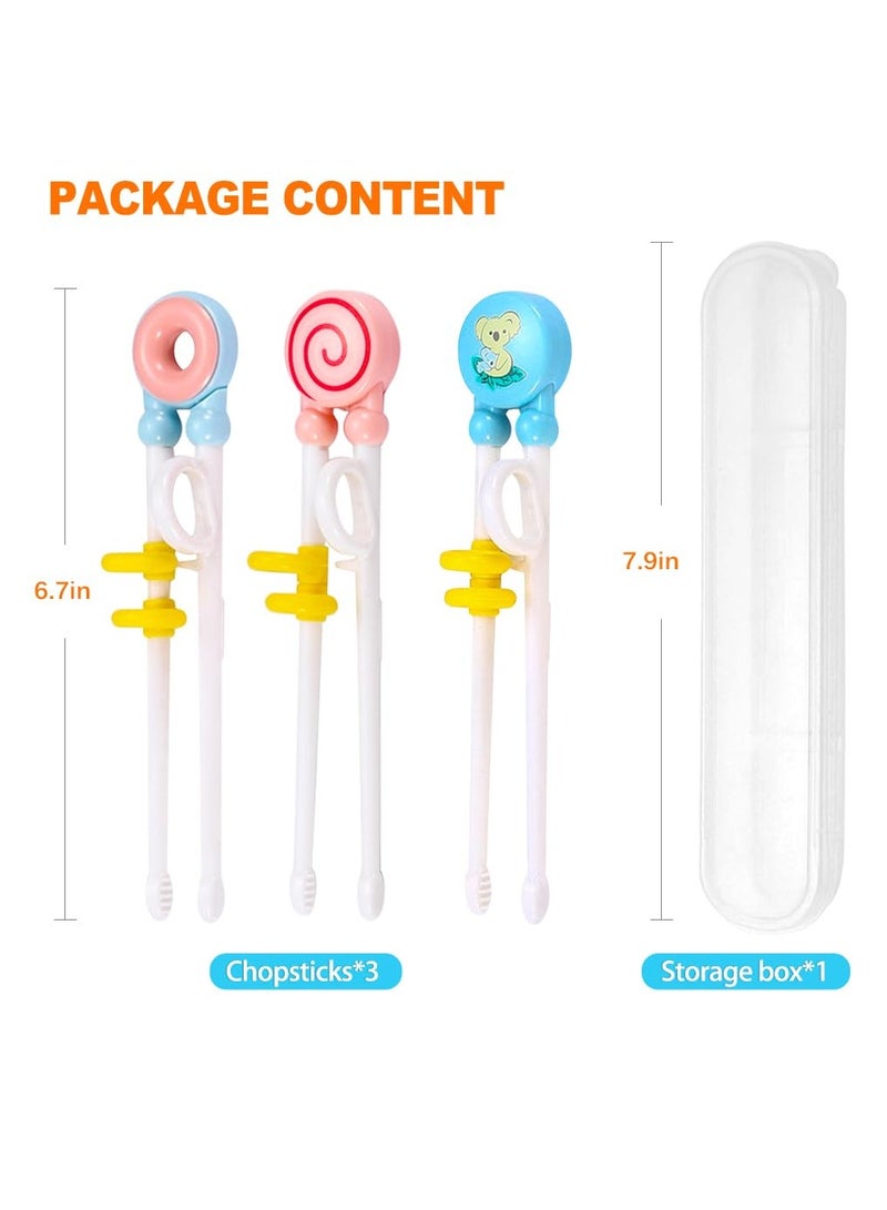 Excefore 3 Pairs of Kids' Training Chopsticks with Silicone Rings, Beginner Chopsticks Set, Donut, Koala, Lollipop with Storage Box - Image 2