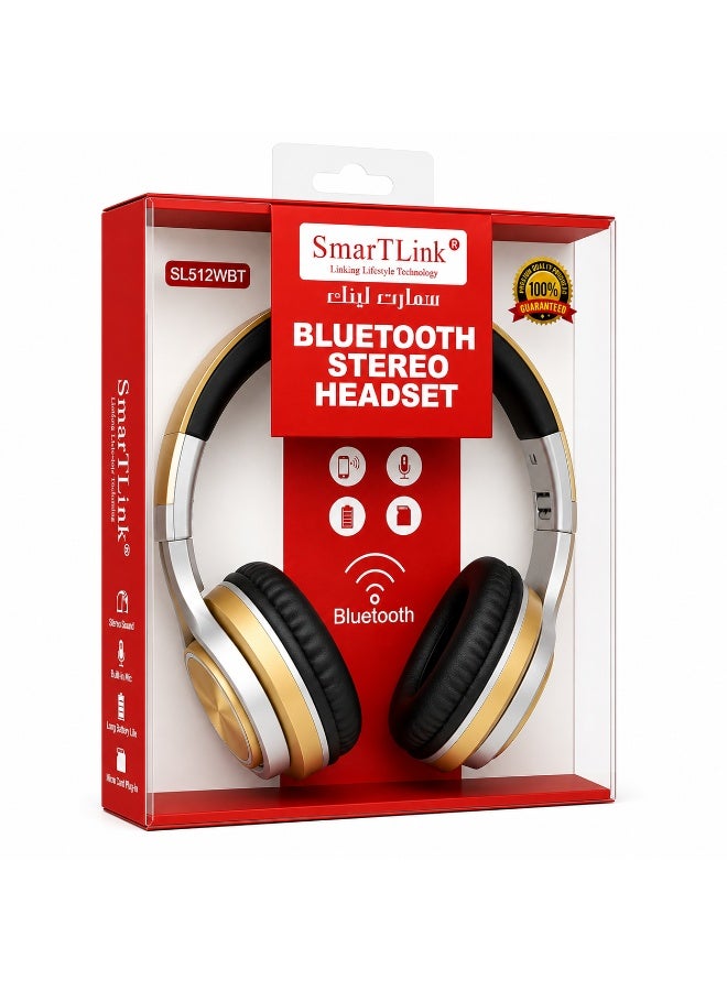 سمارت لينك سماعة رأس لاسلكية SmarTLink SL512WBT بلوتوث 5.0 باللون الذهبي مع ميكروفون ومدخل 3.5 مم ودعم بطاقة MicroSD - Image 3