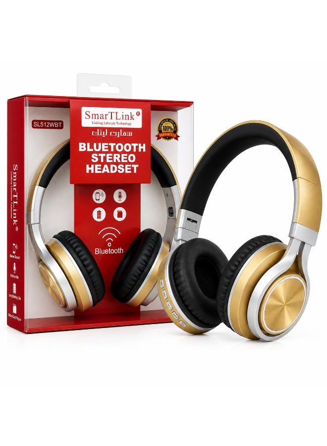 سمارت لينك سماعة رأس لاسلكية SmarTLink SL512WBT بلوتوث 5.0 باللون الذهبي مع ميكروفون ومدخل 3.5 مم ودعم بطاقة MicroSD - Image 2