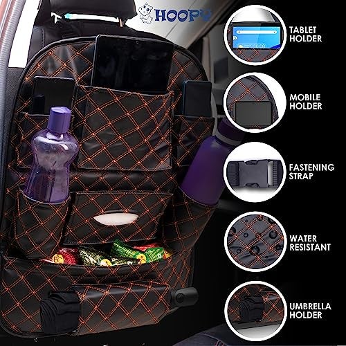 HOOPY Pu Leather Auto Car Back Seat Organizer With Foldable Dining Table Tray, Multipocket Storage Tablet, Bottle And Tissue Paper Holder_Black With Orange Embroidered, Automobiles - Image 4