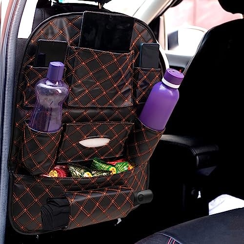 HOOPY Pu Leather Auto Car Back Seat Organizer With Foldable Dining Table Tray, Multipocket Storage Tablet, Bottle And Tissue Paper Holder_Black With Orange Embroidered, Automobiles - Image 1