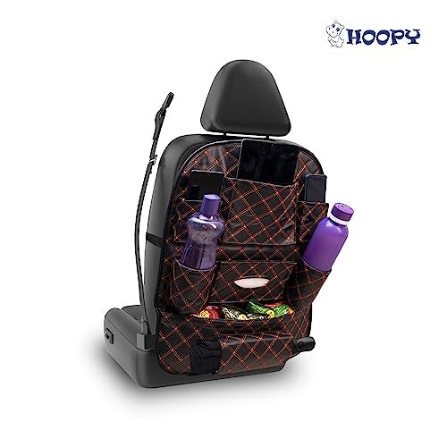 HOOPY Pu Leather Auto Car Back Seat Organizer With Foldable Dining Table Tray, Multipocket Storage Tablet, Bottle And Tissue Paper Holder_Black With Orange Embroidered, Automobiles - Image 2
