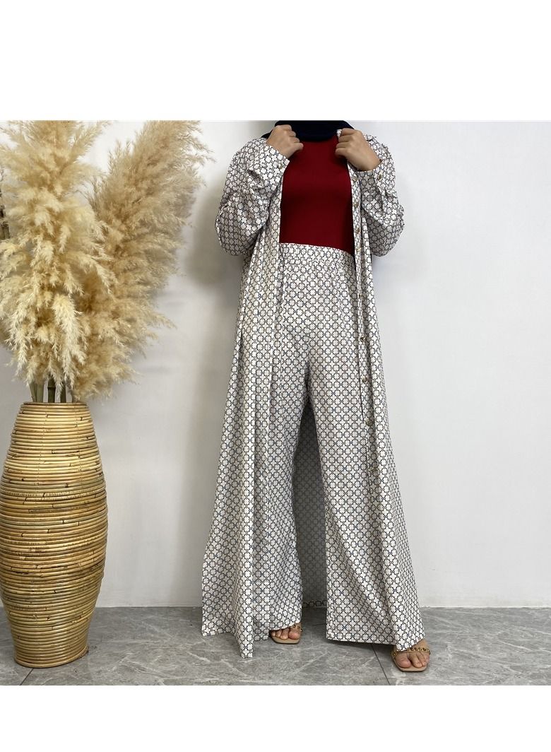 Loquat 2Pcs Fashion Printed Satin Button Long Cardigan Pocket With Pants  - Image 5