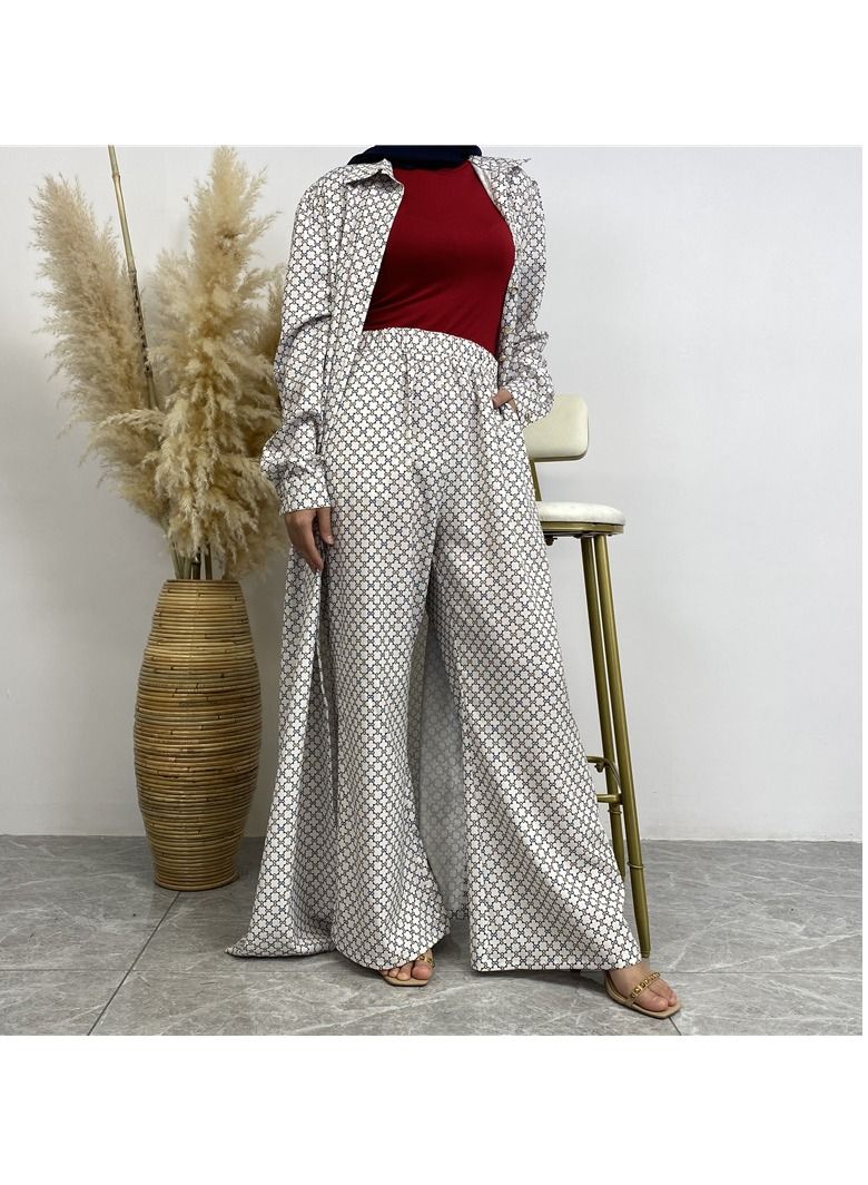 Loquat 2Pcs Fashion Printed Satin Button Long Cardigan Pocket With Pants  - Image 2