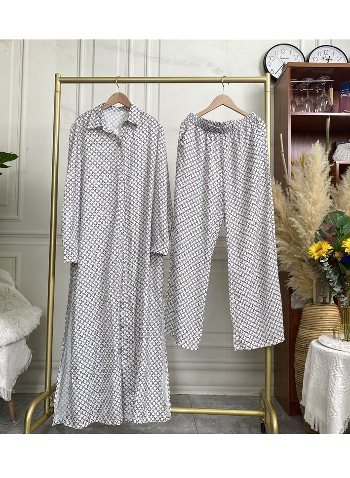 Loquat 2Pcs Fashion Printed Satin Button Long Cardigan Pocket With Pants  - Image 3
