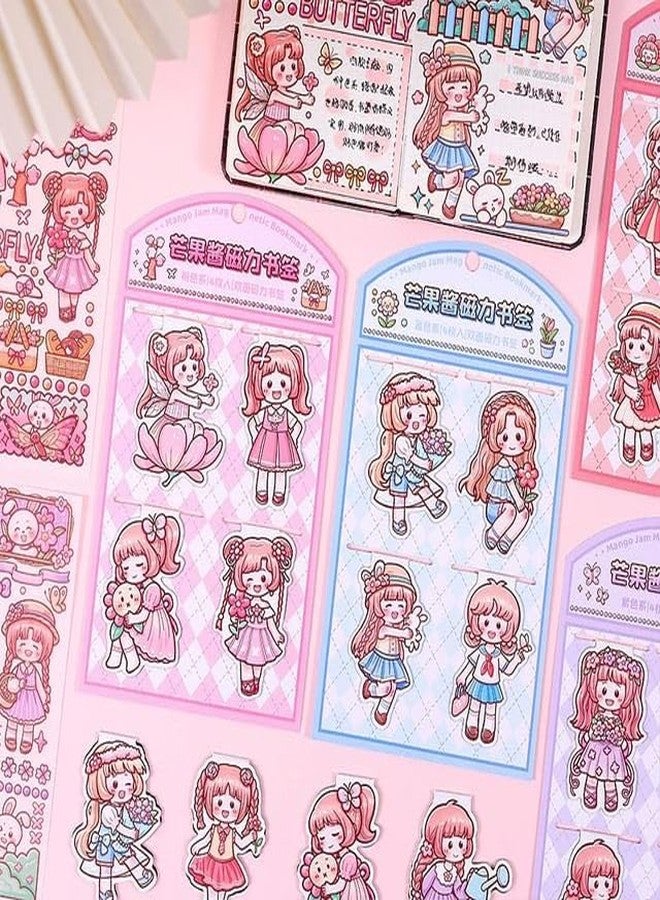 2HEET Kawaii Stickers & Magnetic Bookmarks Set, 20 PET Sheets, Japanese Style Washi Stickers, Magnet Clips for Kids, Students, Journaling, DIY Crafts, Pink-Blue - Image 3