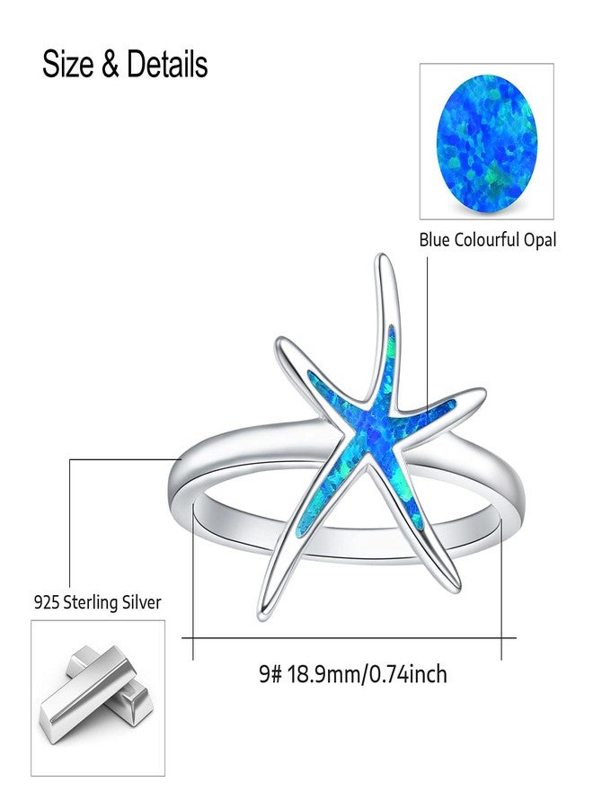Cuoka Starfish Rings for Women, 925 Sterling Silver with Blue Opal Promise Hawaiian Beach Nautical Ocean Statement Fidget Ring Jewelry Birthday For Friend Wife Size 9 - Image 3