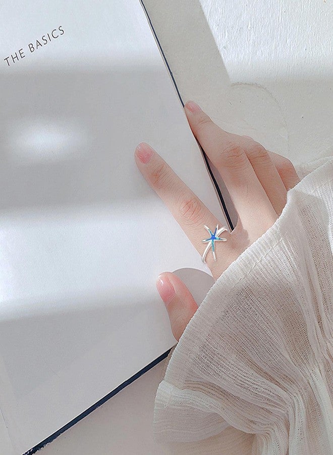 Cuoka Starfish Rings for Women, 925 Sterling Silver with Blue Opal Promise Hawaiian Beach Nautical Ocean Statement Fidget Ring Jewelry Birthday For Friend Wife Size 9 - Image 5