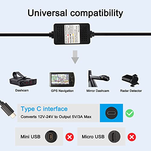 MEIRIYFA Dash Cam Acc Hardwire Kit, USB Type C Hardwire Dashcam Kit Step-Down Cable, 12V-24V to DC 5V 3A Car Dash Charger Power Cord for Cars Camera GPS（11.5FT） - Image 2