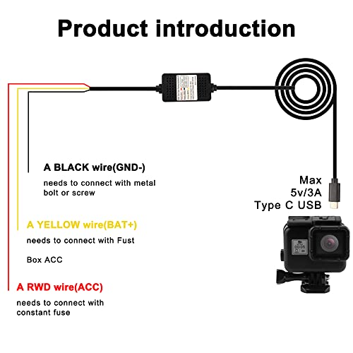 MEIRIYFA Dash Cam Acc Hardwire Kit, USB Type C Hardwire Dashcam Kit Step-Down Cable, 12V-24V to DC 5V 3A Car Dash Charger Power Cord for Cars Camera GPS（11.5FT） - Image 3
