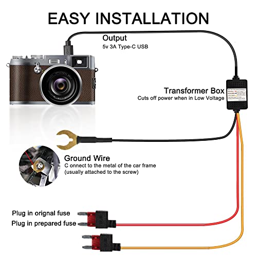 MEIRIYFA Dash Cam Acc Hardwire Kit, USB Type C Hardwire Dashcam Kit Step-Down Cable, 12V-24V to DC 5V 3A Car Dash Charger Power Cord for Cars Camera GPS（11.5FT） - Image 4