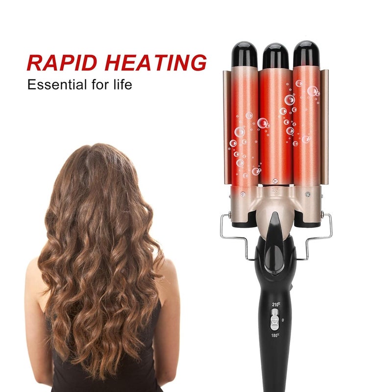 cheekyglo Electric Hair Curler, 3 Barrel 25mm Hair Waver Curling Iron Wand Tourmaline Ceramic Fast Heating Hair Crimper Curling Tongs Crimping Bubble Styling Tool for Long Hair(USGOLD)US Gold - Image 5