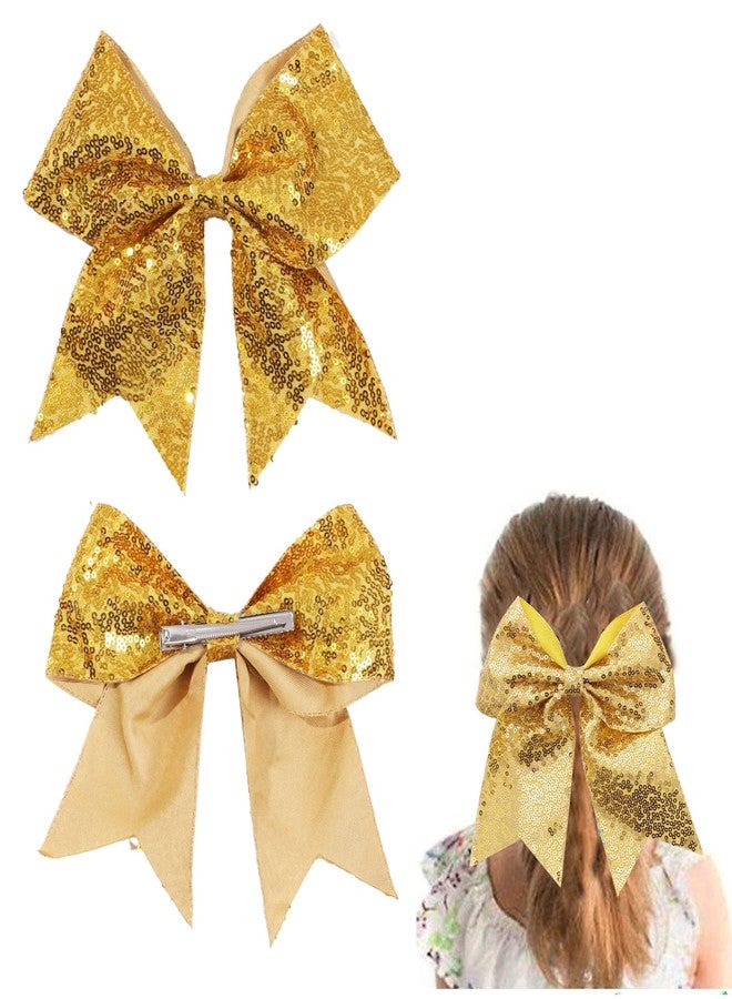 Hipcheer 2 Packs Jumbo Gold Cheerleading Bow 8 Inch Large Cheer Hair Bows with Alligator Clips for Teen Girls Softball Outfit Uniform (Sequin Gold) - Image 1