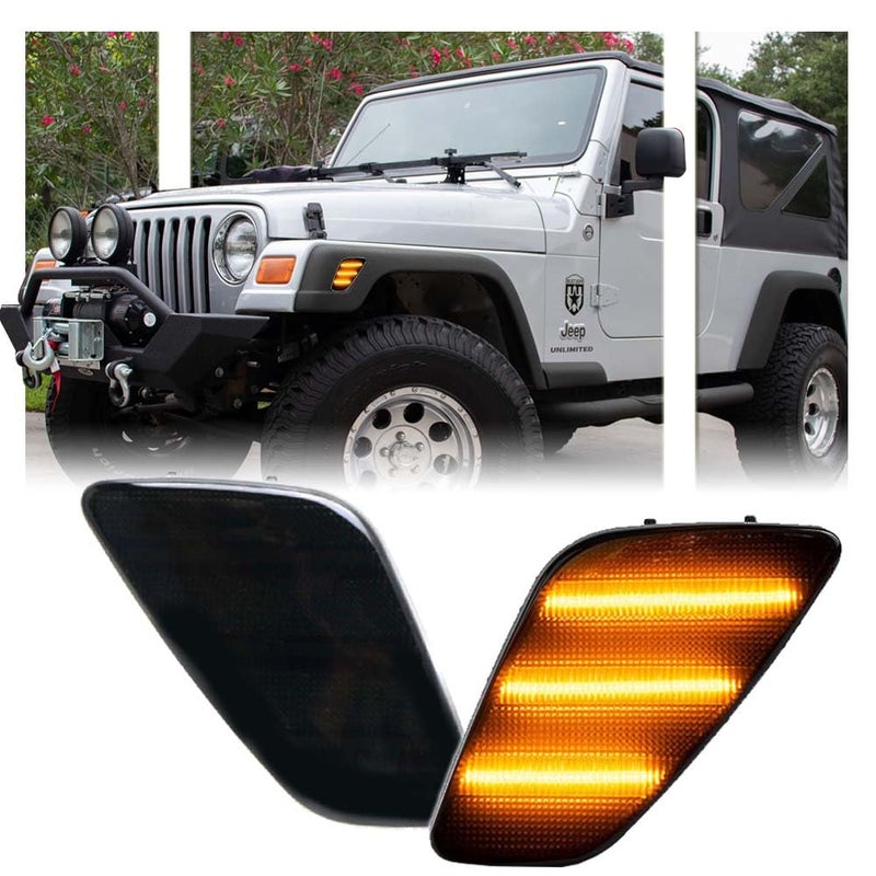 GSOWO 2 قطع مصباح LED جانبي كهرماني لجيب رانجلر TJ 1997-2006 عدسة مدخنة إشارة انعطاف أمامية مؤشر الجانب الأيسر/الأيمن مصابيح جانبية