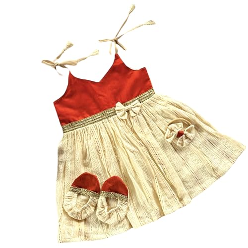 Picksparrow Baby Girl Cotton Lurex Dress-headband-Booties/Irupathettu Set (Rust Orange, 0-3 Months) - Image 1