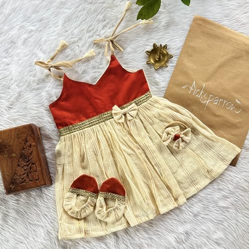 Picksparrow Baby Girl Cotton Lurex Dress-headband-Booties/Irupathettu Set (Rust Orange, 0-3 Months) - Image 2
