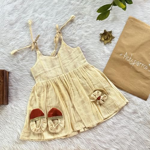 Picksparrow Baby Girl Cotton Lurex Dress-headband-Booties/Irupathettu Set (Rust Orange, 0-3 Months) - Image 4