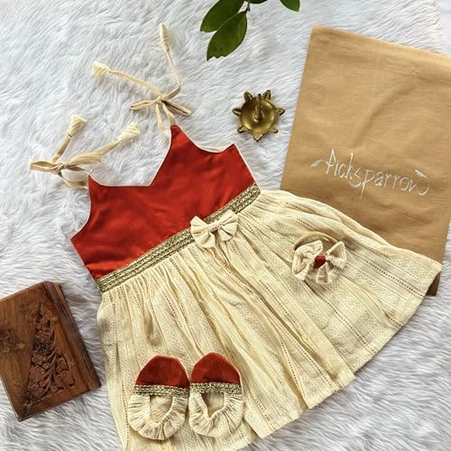 Picksparrow Baby Girl Cotton Lurex Dress-headband-Booties/Irupathettu Set (Rust Orange, 0-3 Months) - Image 3