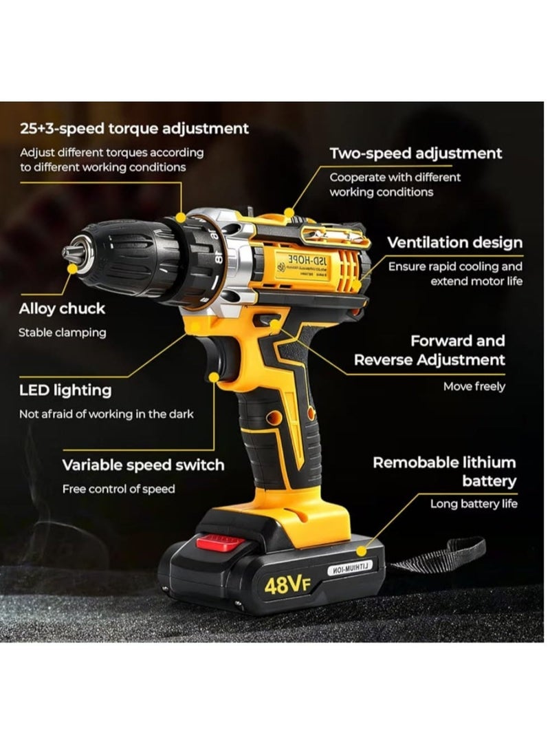 48Vf Cordless Electric Drill and Screwdriver Power Tool with 25+3 Torque Settings 2-Speed Adjustment Variable Speed Switch and Built-in LED Light - Image 3