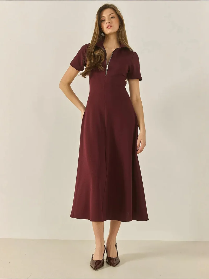 Bianco Lucci LUCCI Fitted Midi Dress with Zipper Collar